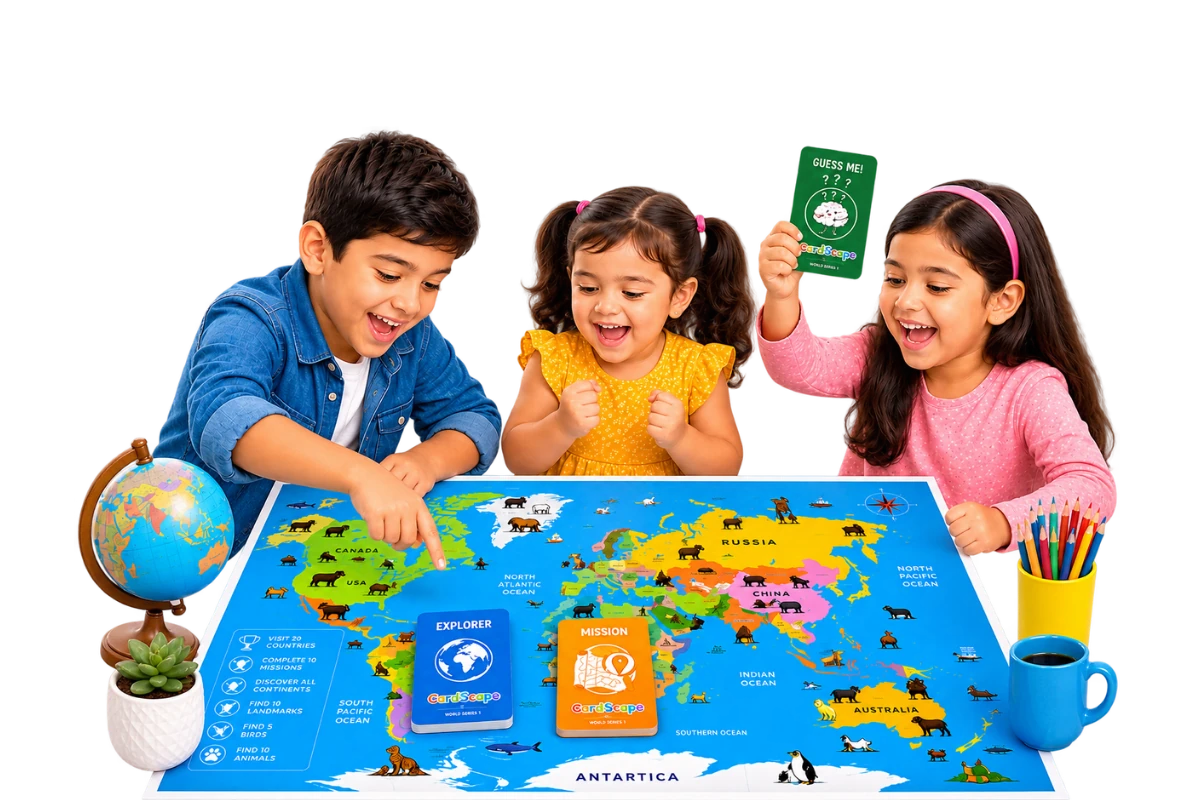 Three children laughing while playing a map-based card game together
