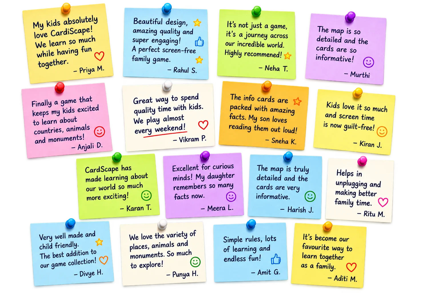 A corkboard covered in handwritten sticky-note reviews from CardScape parents
